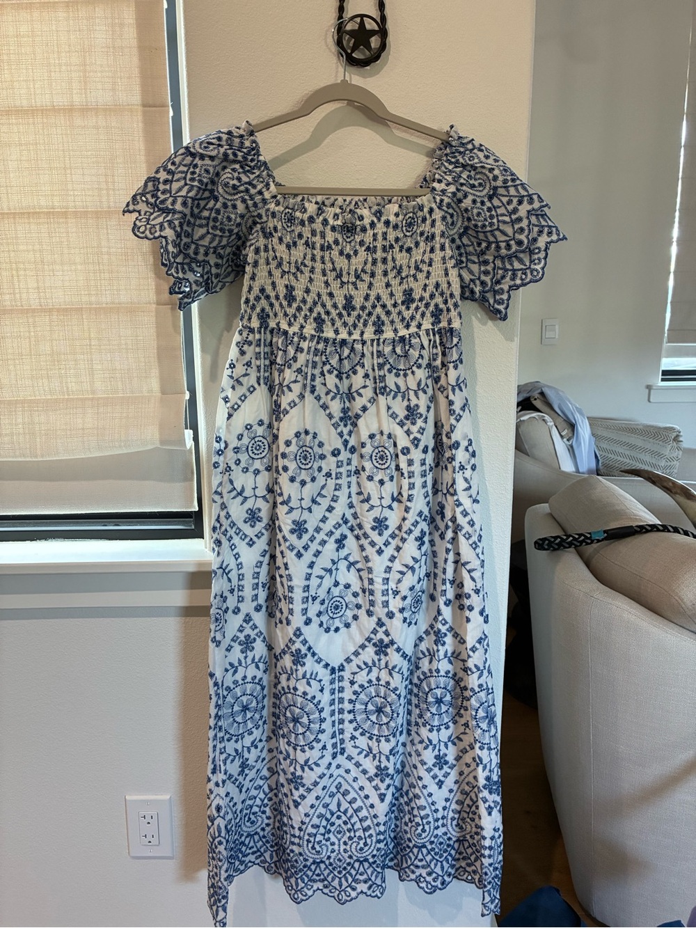 Blue and White Embroidered Maxi Dress - Smocked Bodice